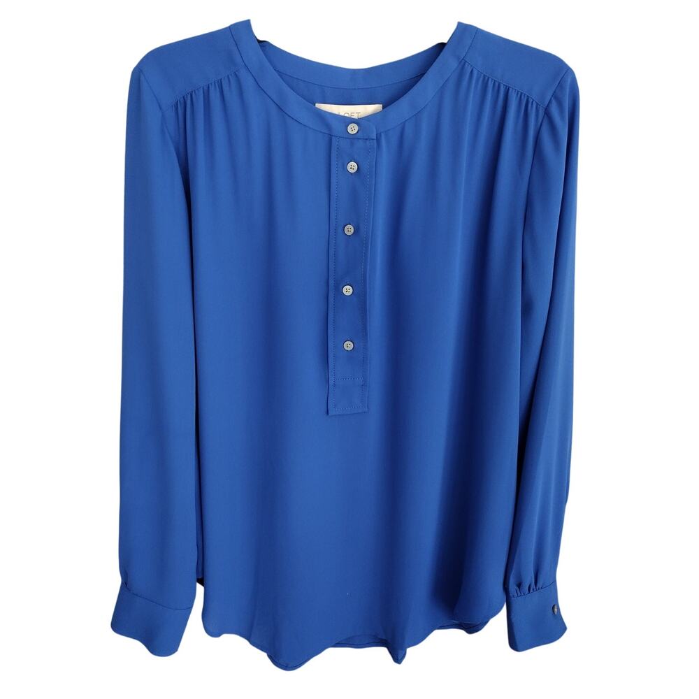 LOFT NEW Royal Blue Button-Placket Chiffon Long-Sleeve Blouse Top Women's Medium
